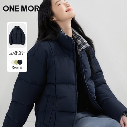 one more立领棉服女款2025新款冬季藏青色保暖棉袄格纹加绒外套X
