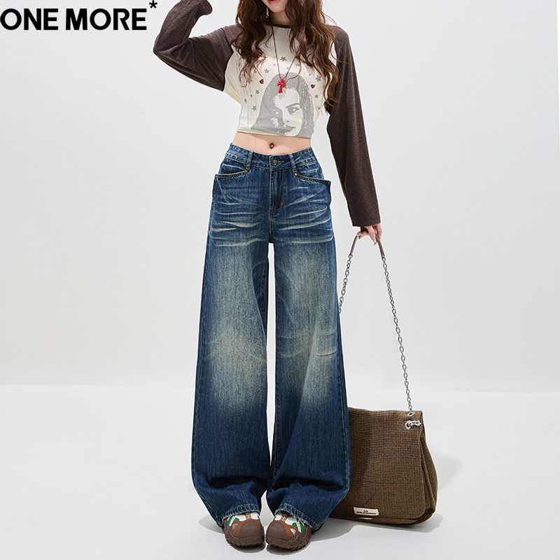 One More辣妹低腰大口袋阔腿牛仔裤女2026春季新款复古宽