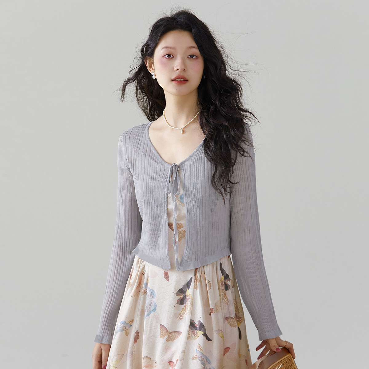 one more法式木耳边系带披肩外搭针织开衫女2025夏季新款