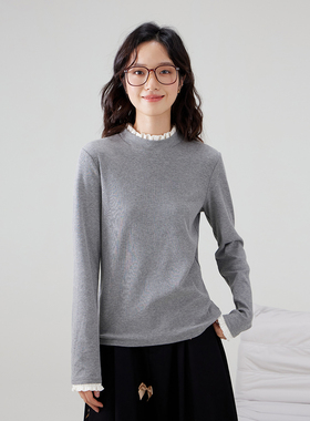 one more时尚秋冬撞色假两件长袖女中长款圆领打底衫显瘦内搭上衣