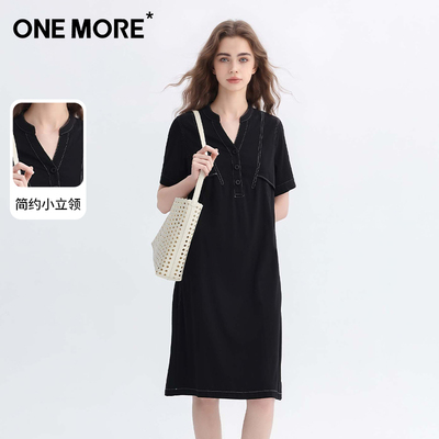 one more法式设计感V领立领黑色短袖连衣裙女2026夏新款显瘦长裙