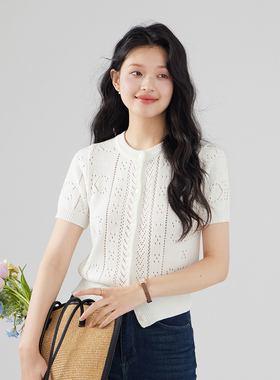 one more薄款镂空针织t恤女2025夏季新款气质高级感收腰法式短袖