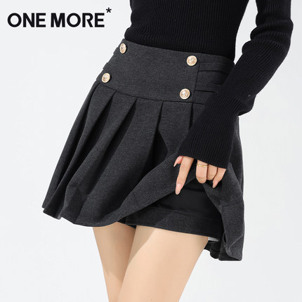 one more灰色短裙女秋冬季2025新款小个子a字半身裙毛呢百褶裙Y