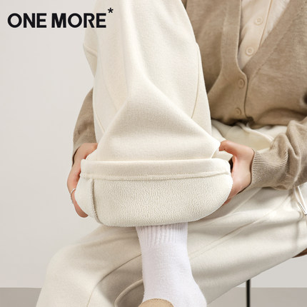 one more白色加绒裤子女冬加厚阔腿裤2025新款保暖休闲运动卫裤X