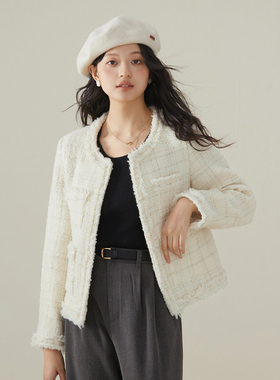 one more文墨秋季新款气质格纹小香风毛衣外套女高级感针织衫短款