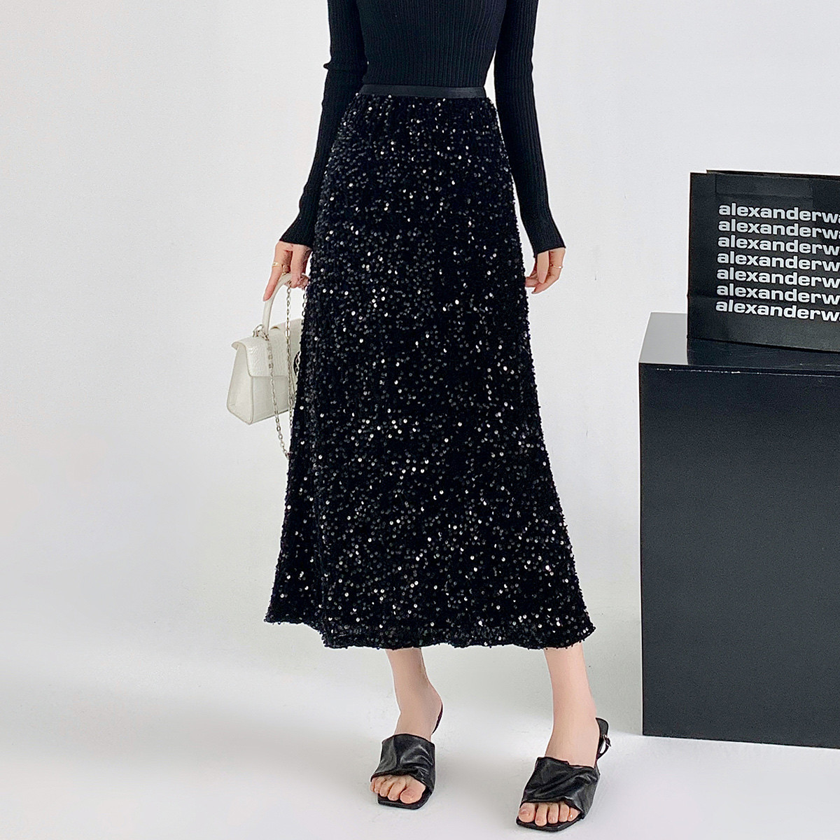 onemore丝绒亮片中长气质鱼尾裙