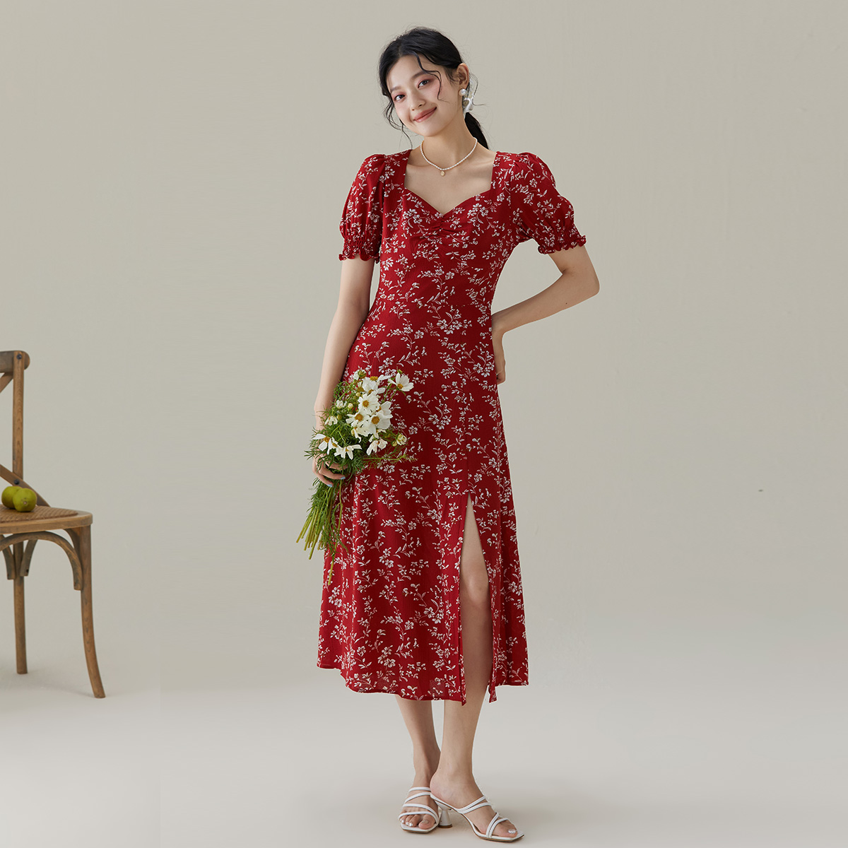 V领法式onemoreA字裙