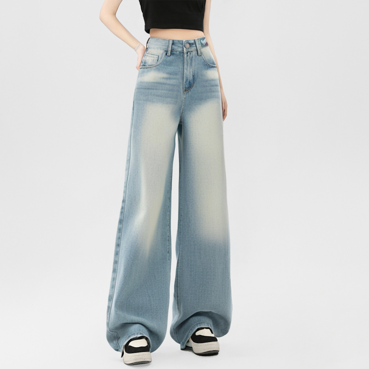美式复古高腰阔腿拖地牛仔裤