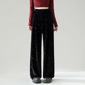 子2025冬高腰垂感直筒休闲慵懒百搭长裤 one more黑色金丝绒阔腿裤