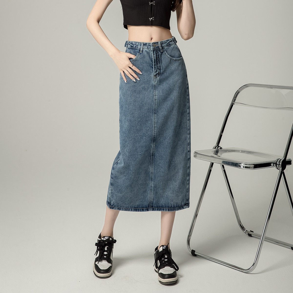 one more高腰牛仔半裙女夏季2025新款A字中长款显瘦包臀开叉裙子,女装/女士精品,半身裙,淘宝优惠券,粉丝福利购,淘宝优惠卷