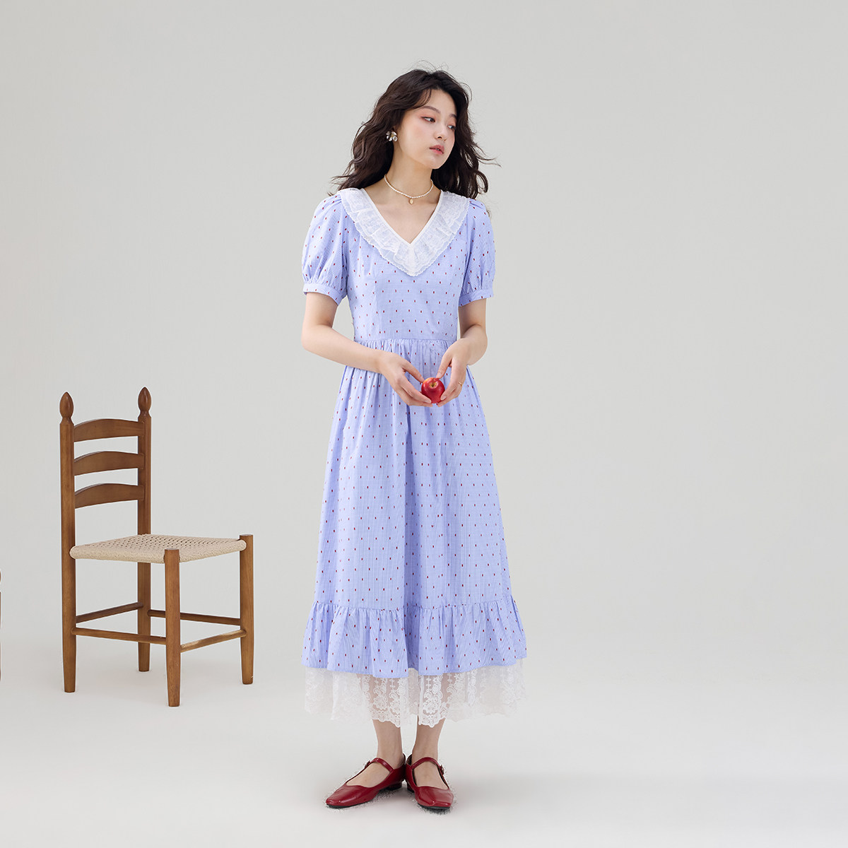 夏季法式蕾丝拼接波点短袖连衣裙女洋气长裙高级感泡泡袖气质裙子