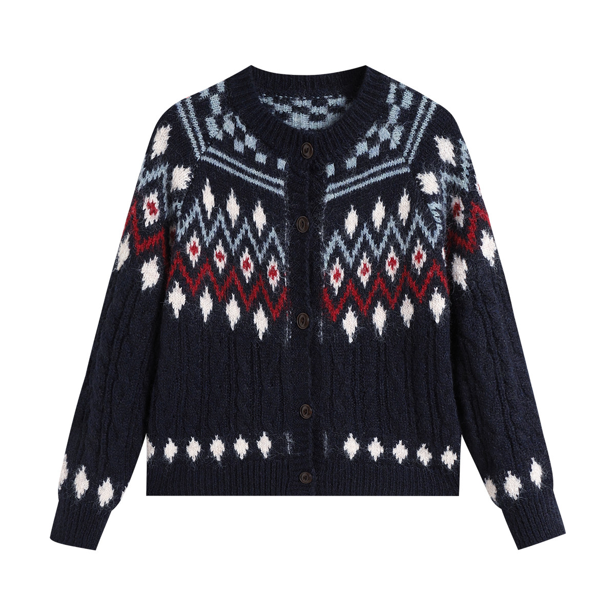 one more2025冬季费尔岛毛衣针织衫女士高级感民族风提花