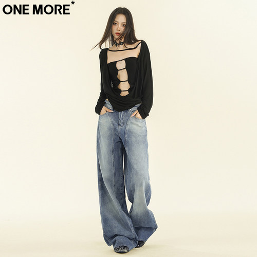 One More美式水洗蓝拼接弯刀牛仔裤女秋季新款宽松显瘦直筒阔腿裤