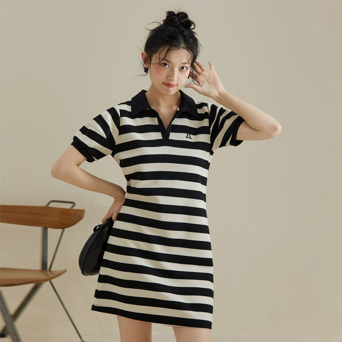 小个子短袖条纹t恤裙女设计感polo领连衣裙2026夏季短裙