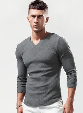 男士长袖t恤V领肌理感螺纹打底衫修身纯棉春秋季内搭上衣潮流百搭