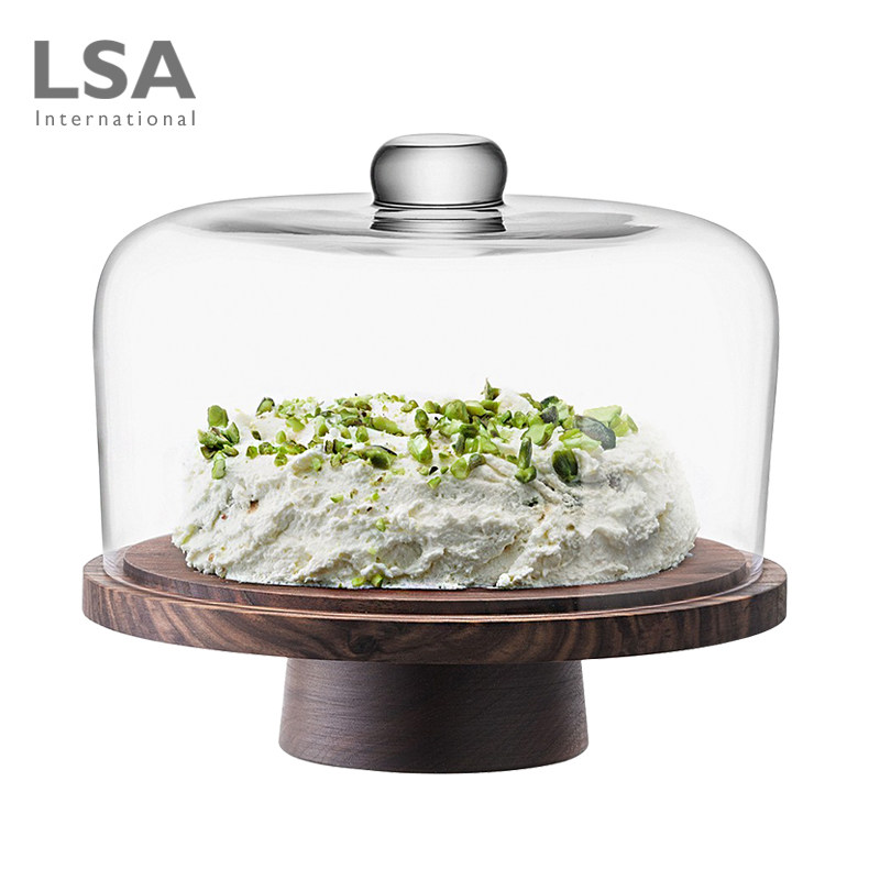 英国LSA 手工核桃木透明玻璃蛋糕罩甜品台展示托盘 多功能水果盘