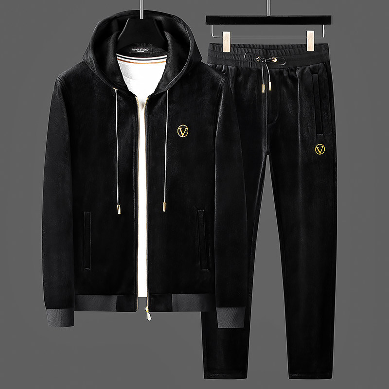 冬季加绒加厚保暖金丝绒卫衣套装2021新款男士连帽开衫休闲运动服