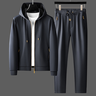 高端春秋季丝滑抗皱四面弹力长袖卫衣两件套男连帽休闲运动装套装