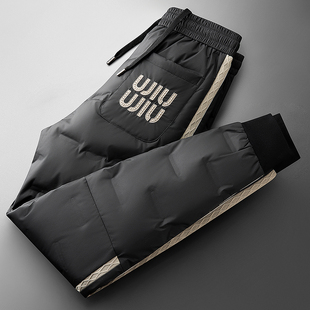 冬季加厚户外防水御寒保暖裤男女同款情侣字母撞色压胶羽绒裤外穿