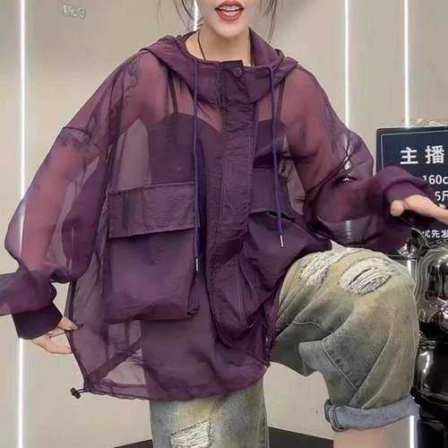 超大码2-300斤胖mm夏季新款防晒宽松藏肉紫色洋气连帽抽绳外套女