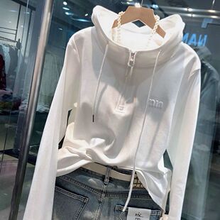 字母拼接拉链连帽长袖 特大码 新款 300斤胖mm春季 t恤女洋气上衣潮