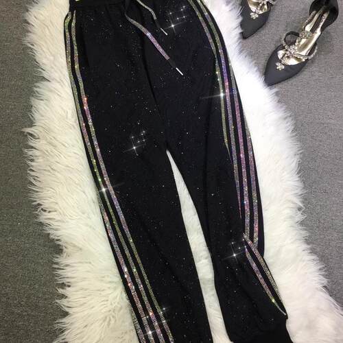 超大码2-300斤胖m重工烫钻四条杠卫裤女秋冬高腰欧货显瘦束脚裤潮