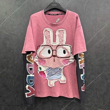 超大码2-300斤胖mm春夏甜美重工刺绣兔子假两件长袖T恤女宽松上衣