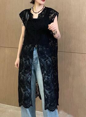 超大码2-300斤胖mm新款提花蕾丝镂空无袖宽松百搭叠穿连衣裙女潮