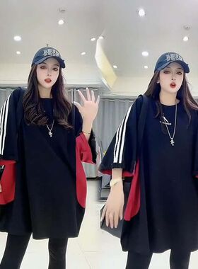 欧洲站2-300斤胖mm新款拼接红色条纹袖宽松短袖T恤女撞色ins上衣