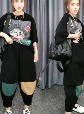 特大码2-300斤胖m短袖长裤运动套装女夏季宽松显瘦时尚休闲两件套