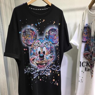 胖mm2-300斤超大码欧货重工烫钻米奇T恤女短袖欧美风圆领宽松上衣
