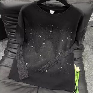 烫钻假两件T恤女长袖 新款 设计感金丝拼接上衣春 300斤特大码 胖mm2