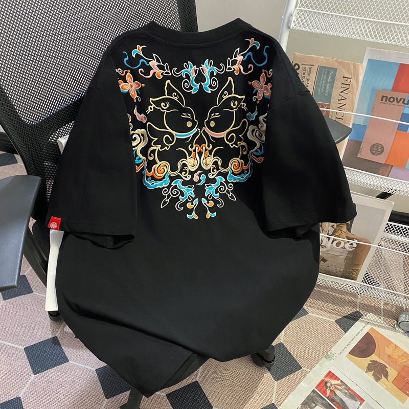 特大码300斤中国风重工刺绣贴布短袖t恤女夏季小众设计感国潮上衣