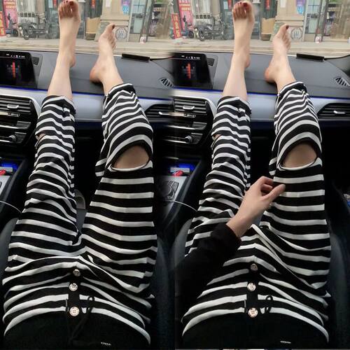 欧洲站加肥加大码300斤胖mm黑白条夏季新款百搭束脚破洞哈伦裤女