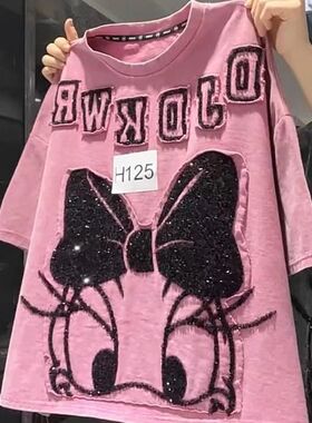 胖mm2-300斤特大码重工短袖T恤女宽松大版卡通高级感洋气贴布上衣