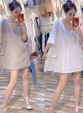 胖mm2-300斤特大码春夏欧货拼接绑带开叉短袖上衣宽松百搭t恤女潮