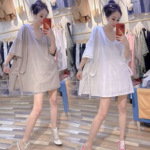 上衣宽松百搭t恤女潮 春夏欧货拼接绑带开叉短袖 胖mm2 300斤特大码