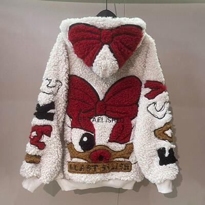 超大码2-300斤胖mm冬季新款重工卡通黛丝羊羔毛加绒连帽外套女潮