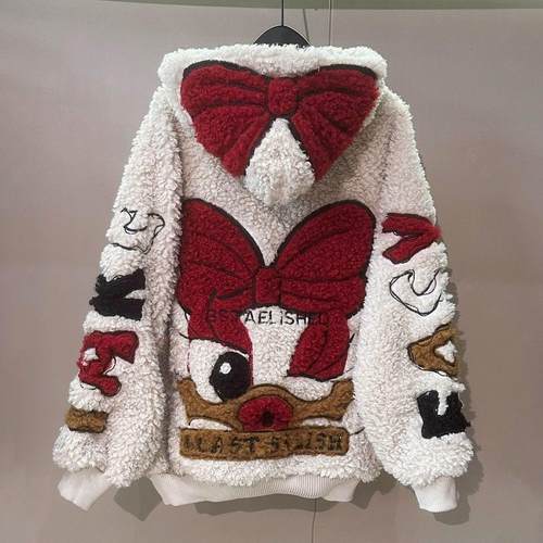 超大码2-300斤胖mm冬季新款重工卡通黛丝羊羔毛加绒连帽外套女潮