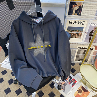 胖mm200斤特大码 上衣 印花连帽卫衣女秋季 宽松下摆抽绳设计感长袖