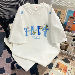 t恤男女情侣夏季 设计感重工字母花朵刺绣短袖 宽松纯棉百搭上衣潮
