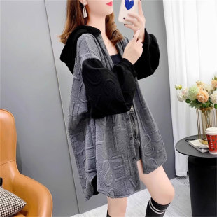 连帽上衣女外套潮 秋冬慵懒风休闲宽松设计感开衫 胖m2 300斤特大码