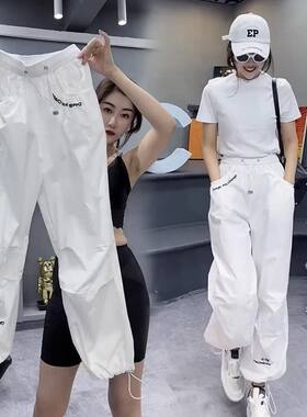 超大码2-300斤胖mm夏季新款休闲运动速干工装裤女松紧腰束脚裤潮