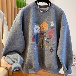 加绒加厚上衣 慵懒风创意印花灰色卫衣女秋冬季 胖mm2 300斤特大码