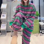 300斤胖m秋冬新款 条纹拼色圈棉长袖 超大码 卫衣束脚直筒裤 两件套