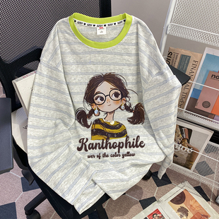 洋气卡通印花宽松上衣韩系条纹防晒长袖 夏季 T恤 300斤特大码 胖mm2