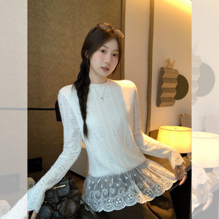 显瘦设计感上衣 女2026秋宽松打底衫 米杏色甜美蕾丝花边长袖 针织衫