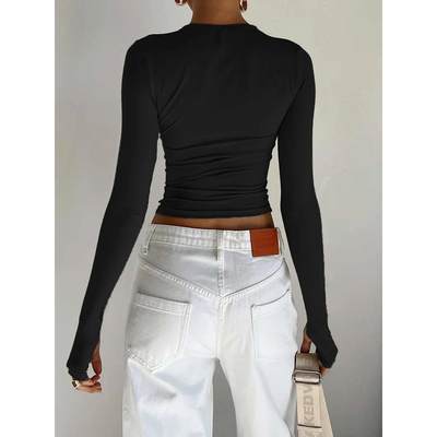 Fashion Women T-shirt Long Sleeve Crew Neck Solid Slim Fit L