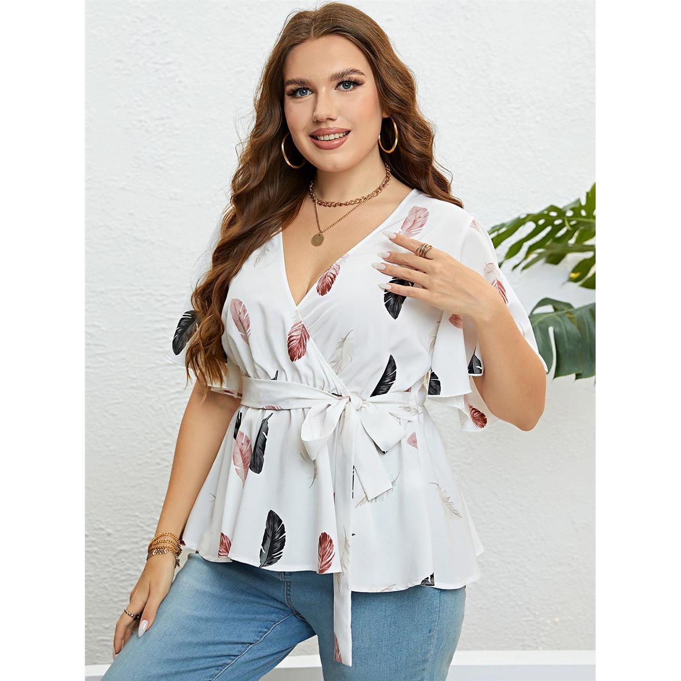 夏季V领收腰显瘦上衣女 plus size summer Deep V women shirts 女装/女士精品 大码内搭 原图主图