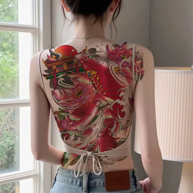 红色锦鲤后背满背大图上新网红款纹身贴纸男女同款女神防水持久潮